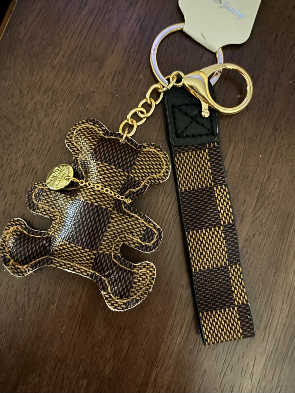 Brown Checkered Bear Keychain Wristlet